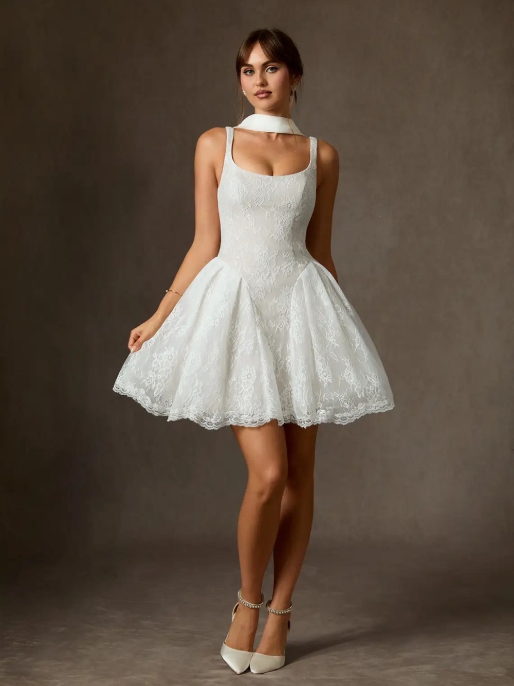White Lace Fit-and-Flare Mini Dress with Scarf